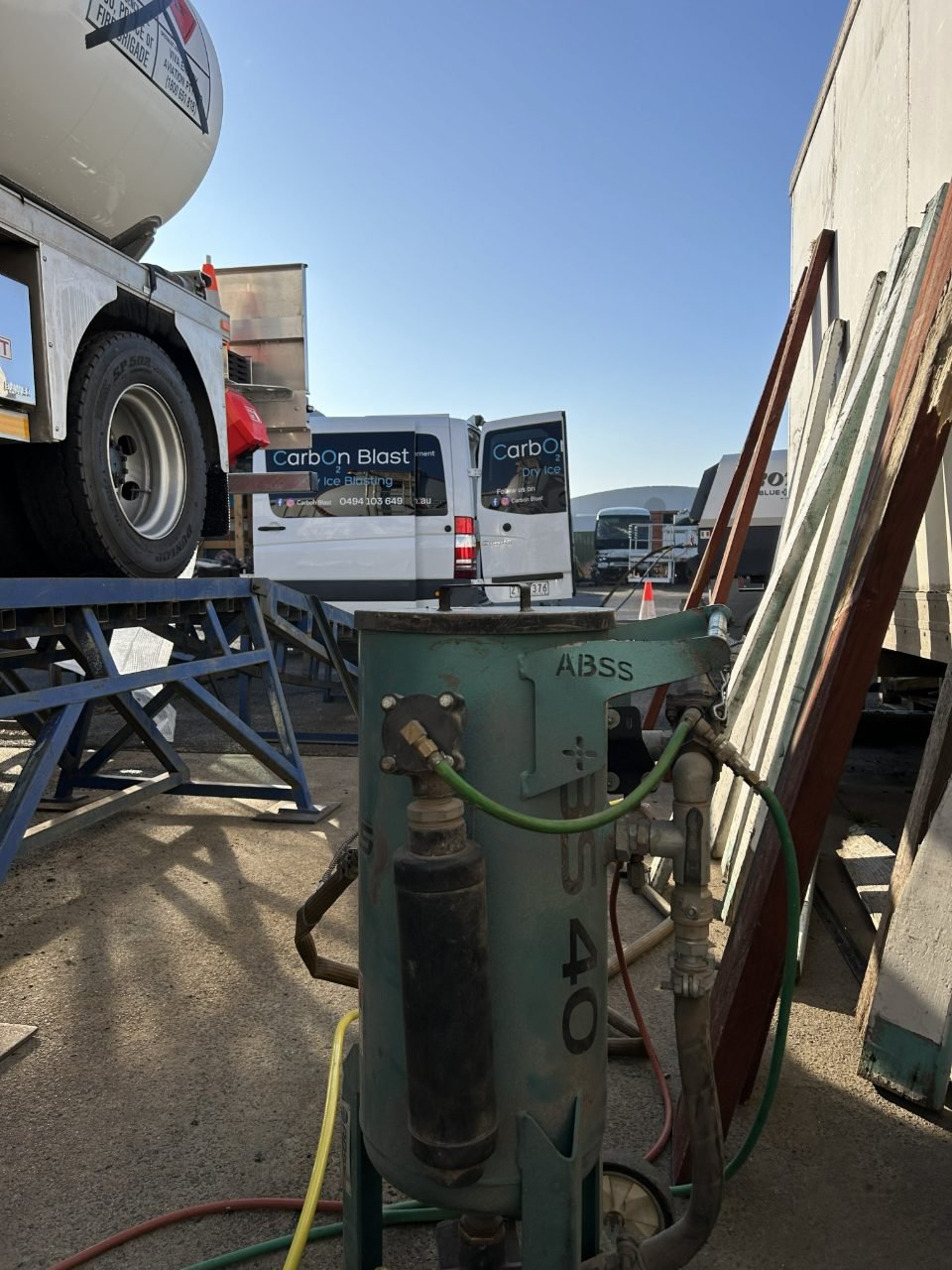 Blast pot set up on site for abrasive blasting