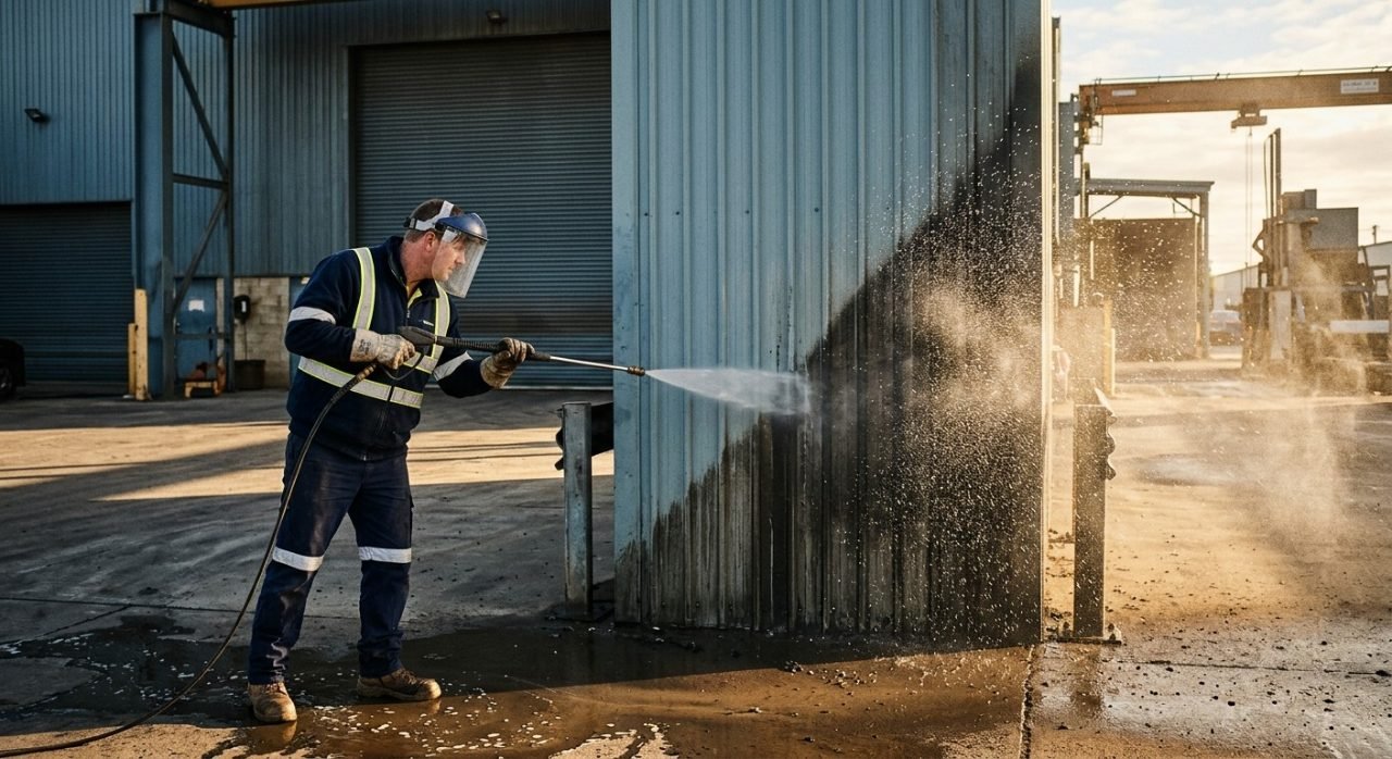 Pressure washing grimy steel cladding on an industrial building