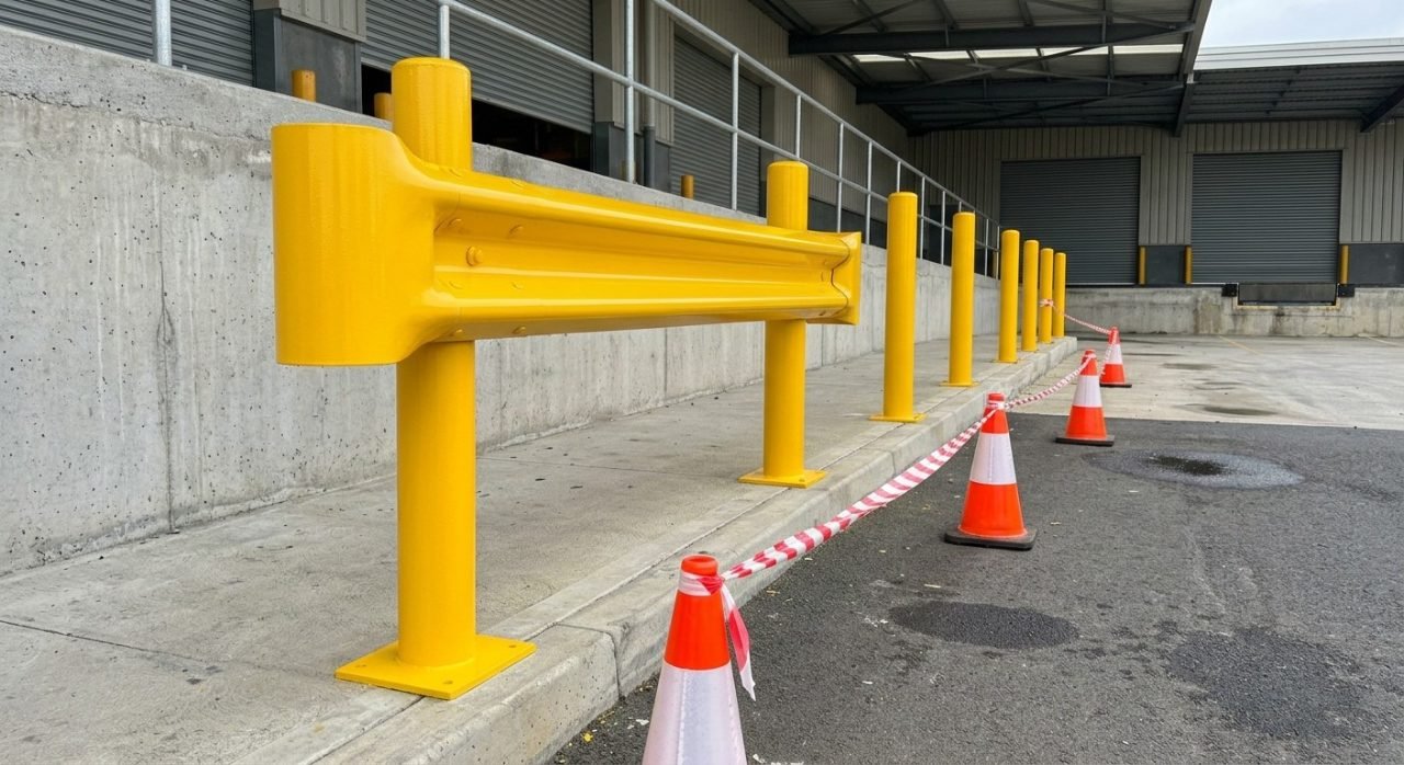 Freshly painted yellow safety barriers in a warehouse